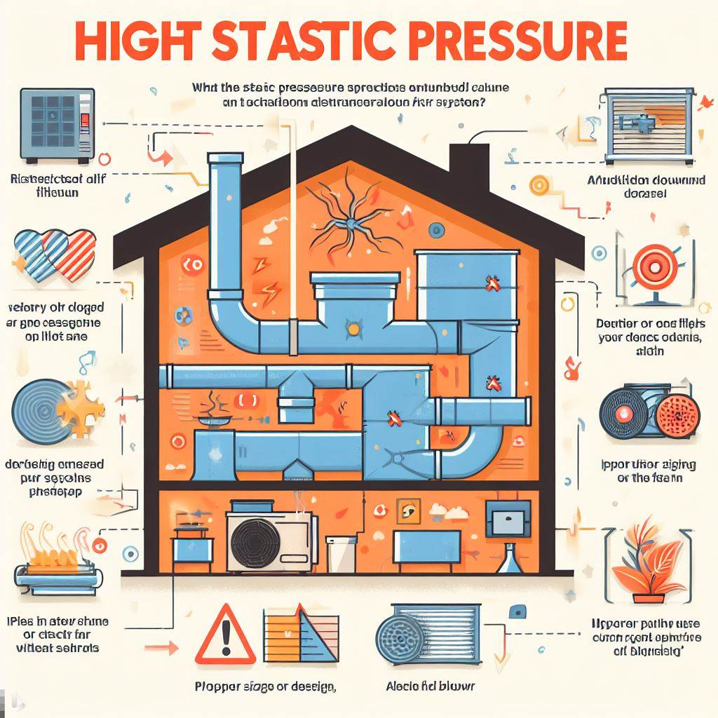 High static pressure in HVAC systems can be caused by dirty air filters, clogged ductwork, undersized return air vents, improperly installed or broken ductwork, and poorly designed ductwork.